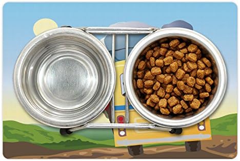 Ambesonne Cartoon prostirka za kućne ljubimce za hranu i vodu, Žuti autobus pun putnika i prtljaga
