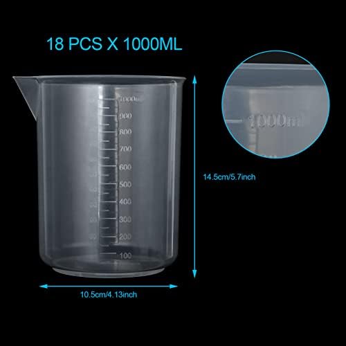 Plastične čaše od 18 pakovanja, diplome od 1000 ml, vrhunski polipropilen, mjerne čaše sa stepenom plastike