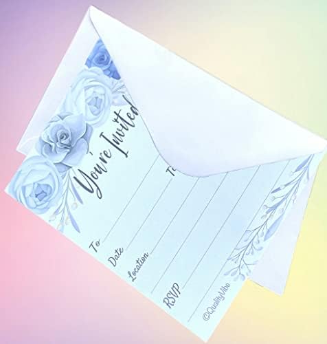 25 Pozivnica za sivo i plave cvijeće sa kovertama, popunite stil koji ste pozvani, elegantni sivi, plavi i bijeli