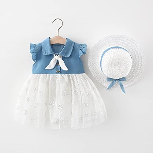 Freebily Toddler Baby Girls Tutu Haljina bez rukava traper patchwork a-line haljina + slamna šešir ljetna