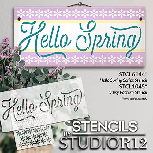 Pozdrav Spring Script Stencil by StudioR12 / Craft DIY Spring Home Decor | Paint Sezonski drveni