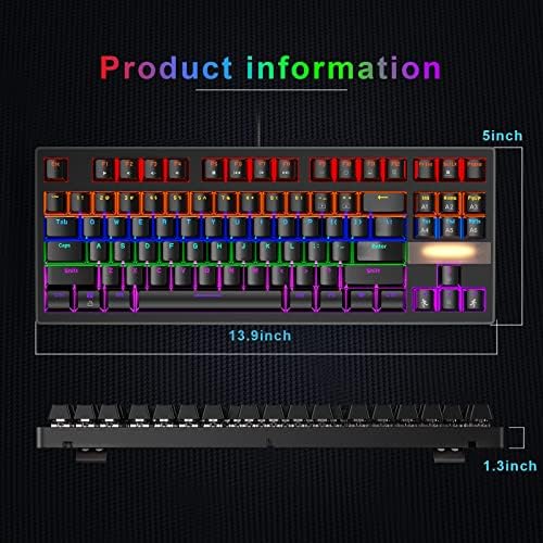 Anivia True Mechanical Gaming tastatura, klasična ožičena USB tastatura sa plavim prekidačima, 87 tipki vodootporna tastatura za PC laptop PS4 PS5 Xbox, RGB Rainbow crvena pozadinska pozadina