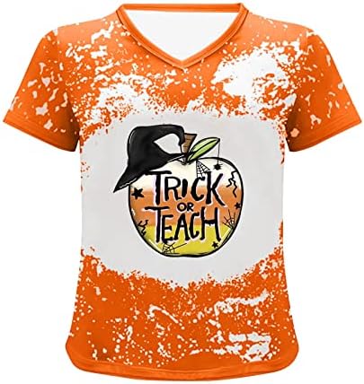Halloween Vintage T-Shirt za žene Pumpkin Print Casual kratki rukav V-izrez pulover Tees labave udobne