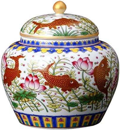 Ylyajy Emamel Jar Tea Caddy Slikano Zlatno ribnjak Ribe uzorak uzorak za čaj antikne porculanska tegla