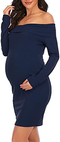 Ženska haljina za porodilje od ramena ruffle dugih rukava Bodycon haljina Čvrsta majčinstvo elegantna tanka haljina