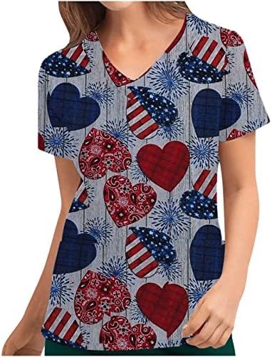 Kratki rukav Vneck Work Office piling uniforma Top Tshirt za dame Dan nezavisnosti Star Heart grafički