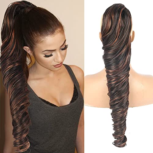 Aisaide Body Wave Curly Drawstring rep Extension for Black Women Ombre Brown Curly Clip in Hair Extensions Highlight Curly Wave Drawstring rep Synthetic Hairpieces for Women 28 Inch