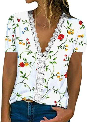 Ženska V izrez čipke TRIM Ljetne casual labave kratke rukave s kratkim rukavima Košulje Elegantna majica Tunika