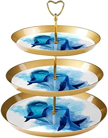 Stalak za torte od 3 nivoa, morski život Dva Plava delfina akvarelna ilustracija za prikaz deserta, plastični