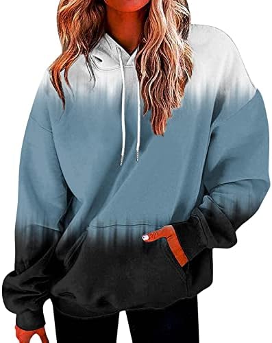 LCEPCY Ženska boja Blok Duge Casure Ležerne prilike sa dugim rukavima s džepovima Pulover sa kapuljačom