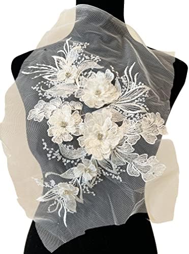PEEPELNONO 3D Perled cvijet šiva na vezeno čipkasti čipka za vjenčanicu mladenke GAWDRDress ukras DIY Patch odjeća dodatna oprema, 13,5 x 8,5 inča, bijela