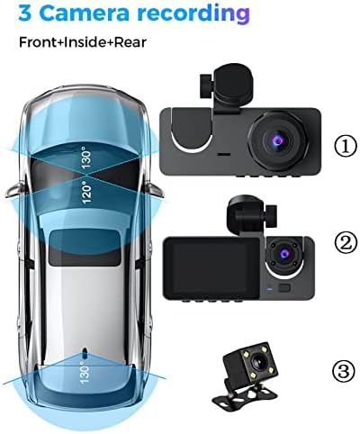 Smart Dash Camera, 1080p HD 170 ° + 140 ° široka kutna crtica, 3-kanalna prednja i stražnja unutrašnjost, IR