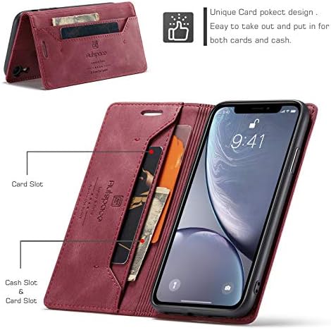 TOHULLE za iPhone Xr slučaj, Vintage novčanik slučaj držač kartica Kickstand skrivena Magnetic Flip kožna torbica za iPhone XR-Red