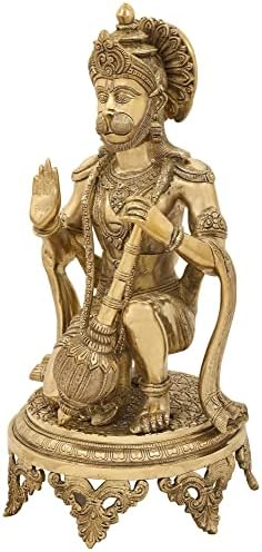 20 Aashirvada Hanuman kleknuo je na bogato ugraviran pijedestal u mesingu | ručno rađeni | napravljen u