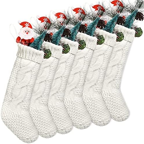 6 komada 18 inča Božićne čarape Pakirajte božićne čarape Kabelirane božićne čarape Xmas Čarapa za viseće dekor bijele čarape za božićnu zabavu Zidni mantel