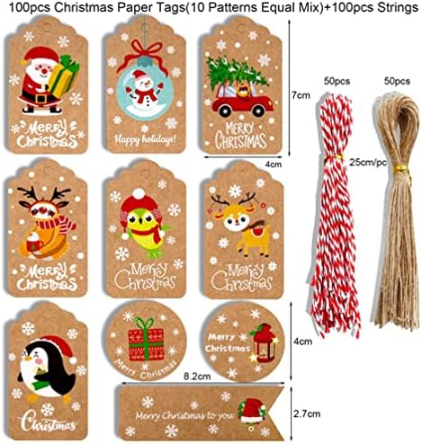 Nuobesty Božićni dekor Brown Kraft papir Oznake božićne poklon oznake sa vrpcom 10 dizajna za DIY Xmas Holiday