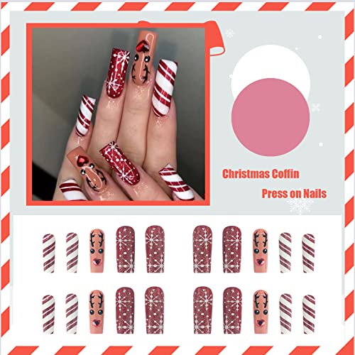 FOAMEE Cute Elk Long Press na noktima Božićne pruge kvadratni lažni nokti sa dizajnom akrilnim ljepilom