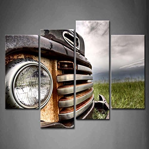4 Panel zid Art stari Vintage kamion na preriji Slika Slike Print na platnu automobil Slika Za
