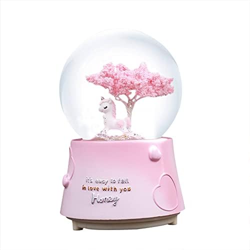 Sakura Tree Unicorn Snow Globe Music Box, 80 mm smola muzikalni snjegovi sa šarenim LED svjetlima