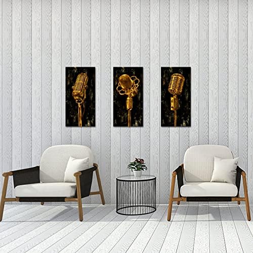 Ouelegent 3 Panel muzičke umjetničke slike Rustikalna zidna Umjetnost Zlatna metalna mikrofonska