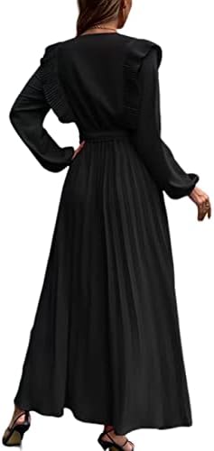 SOMLIZ ženska Ležerna haljina sa volanima Dugi rukav V izrez maksi haljina A kroja sa pojasom