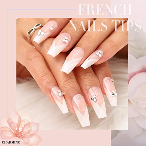 Francuski vrh pritisnite na noktima Coffin dugi lažni nokti sa dizajnom bijeli lažni nokti gradijent sjajni štap na noktima vjenčani nokti za mladenku akrilni nokti Savjeti za žene i djevojke