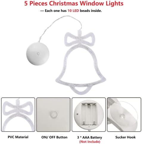 Yoluton 5pcs Božićni ukras svjetla, božićni prozor viseći svjetla snježne pahuljice, santa claus, božićno drvce, jingle zvono, jelena, baterija u zatvorenom čašicu
