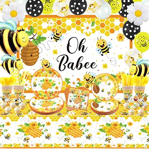 Dekoracije za rođendanske zabave pčela, Set za zabavu pčelinjeg posuđa, pozadina, tanjiri, šolja, salveta, pribor za jelo, stolnjak, slamke za Baby Shower Spol otkriva dekoracije za pčelinje tematske zabave, služi 20