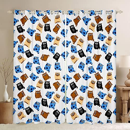 FEELYOOU CATS Curtains Cartoon Cartoon CAT prozor za dječake Dječji dječaci Djevojke Kućni ljubimci Theme Brown Blue Design Prozor Drape Lijepi životinje Tretmani prozori 52W x 63l, 2 ploče