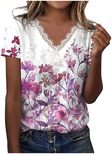 Čipka za žene V-izrez za žene, ljetni kratki rukav T majice Modni cvjetni ispisani Y2K vrhovi labavi