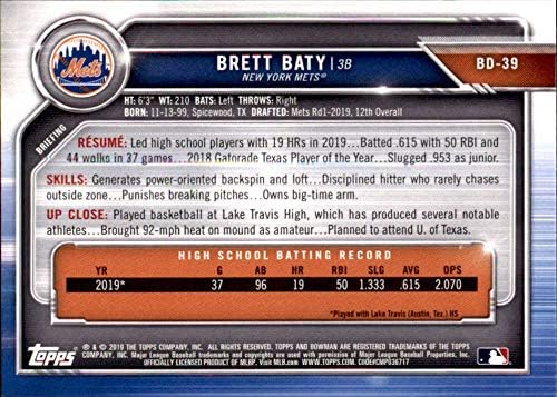 2019 Bowman Nacrt Bejzbol BD - 39 Brett Baty New York Mets zvanična MLB trgovačka kartica koju