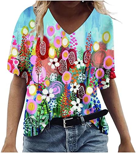 Teen Girls Deep V vrat Pamuk cvjetni grafički labavi fit prevelizirani opuštena ležerna košulja