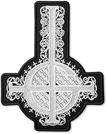 Ghost band vezeni zakrpa - grucifiks križni simbol sa crnim i bijelim uzorkama - kameno gvožđe - grb za vez metala - željezo na Applique Patch za bicikliste - 5,2 x 6,6 inča