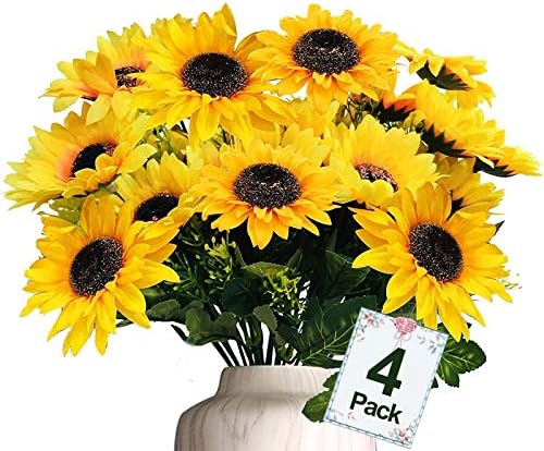 Suncmeon 28pcs Sunflowers Umjetno cvijeće Bulk Proljeće Ljetni dekor, 4 pakovanje lažno cvijeće Silk