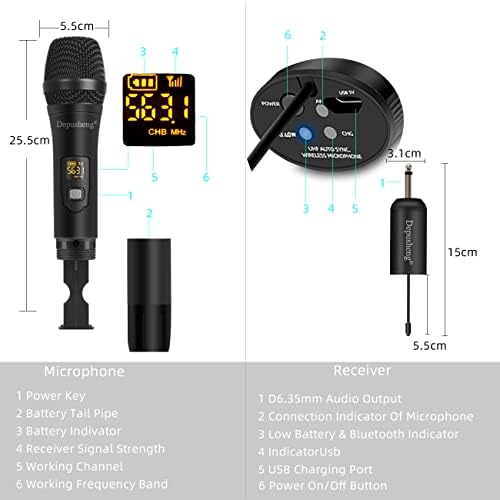 Depusheng W1 Bežični mikrofon, Karaoke Mic, UHF ručni dinamički sistem sa punjivim prijemnikom za