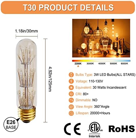 MIDETER 30 Watt dekorativna Vintage All Stars LED Sijalice, T30 3W LED filament Edison sijalica,2200k