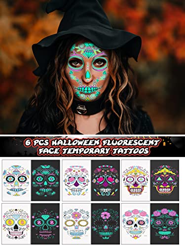 EBANKU 12 listova Halloween Privremene tetovaže lica sjaji u mraku s 1 listovom ljepilom, dan mrtvih