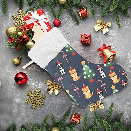 Alaza Božićne čarape Boston Terrier i velški Corgi Štenad sa božićnim drvećem Klasično Personalizirano velika čarapa za obiteljski odmor Sezona Party Decor 1 Pack, 17.7 ''