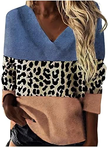 Narhbrg dukserica za žene s dugim rukavima V rect T-majice Seksi leopard patchwork bluze casual boja blok tunika