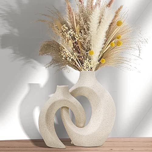 Gamcadp Bijela keramička vaza od 2 za modernog domaćeg dekora, šuplji okrugli Pampas cvjetni vaze, boho nordijski