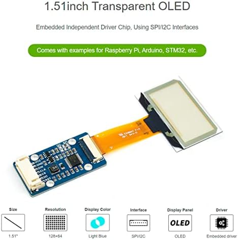 Transparentni OLED od 1,51 inča sa pločom za proširenje,za Raspberry Pi / Arduino/STM32, Svetloplavi ekran u
