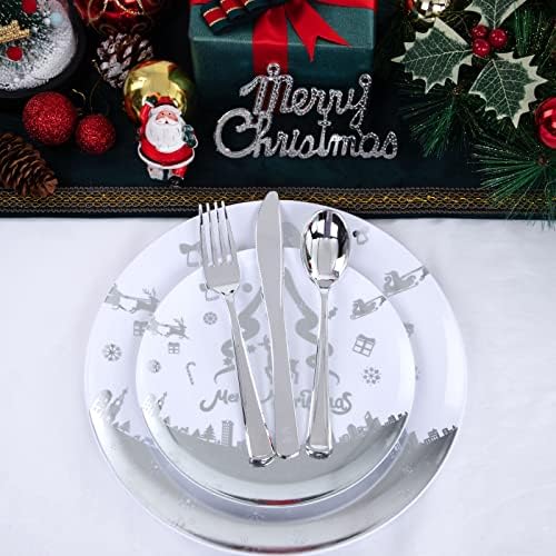 Luoda 150pcs Božićne plastične ploče sa srebrnim dizajnom božićnog drva i jelena, vesele božićne ploče