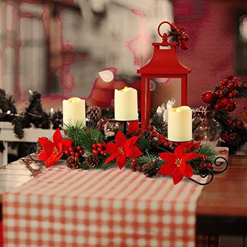 MorTime Božić centralni sa 3 svijećnjaci, Božić stolni dekor sa Red Flowers Berries Pinecones