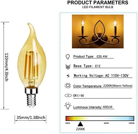 4W E12 LED sijalice sa Kandelabrom Edison sijalica 40 Watt ekvivalentna, 2200k toplo žuta 400 lumena E12 baza C35 filament luster sijalice za sveće Amber Glass plamen vrh, ne Zatamnjivo, 10 pakovanje