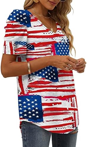 Top Shirt za žene jesen ljeto kratki puf rukav pamuk duboki V izrez američka zastava grafički Casual