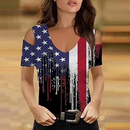 Ženo hladno rame 4. jula vrhovi USA Flag zastava majica 2023 Patriotske majice CUTOut Bluza kratkih