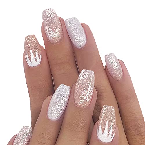 Glitter Snowflake Coffin Press on Nails for Women Girls srednji badem transparentan gradijent boja