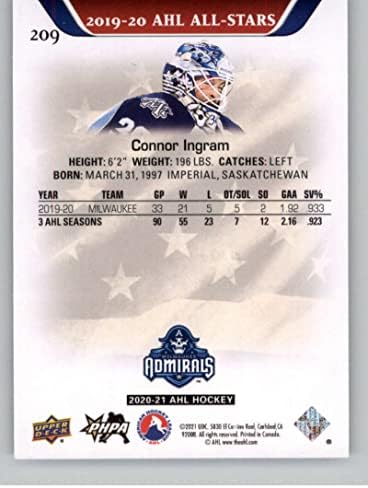 2020-21 Gornja paluba Ahl 209 Connor Ingram Milwaukee Admirals RC Rookie Hokej trgovačkoj kartici