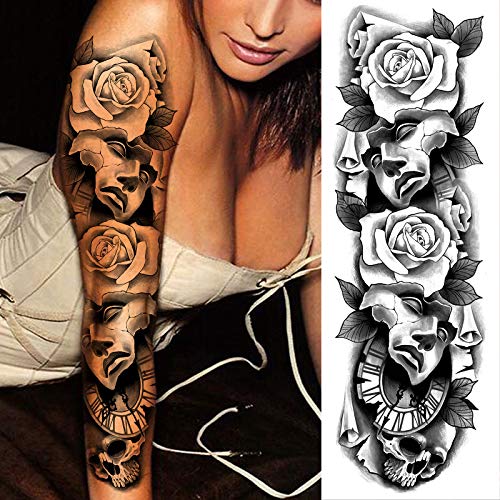 Skull Flower Tattoos rukav, 8-list velike pune ruke rukav tetovaže, lažni rukav žene djevojke tetovaže Makeup