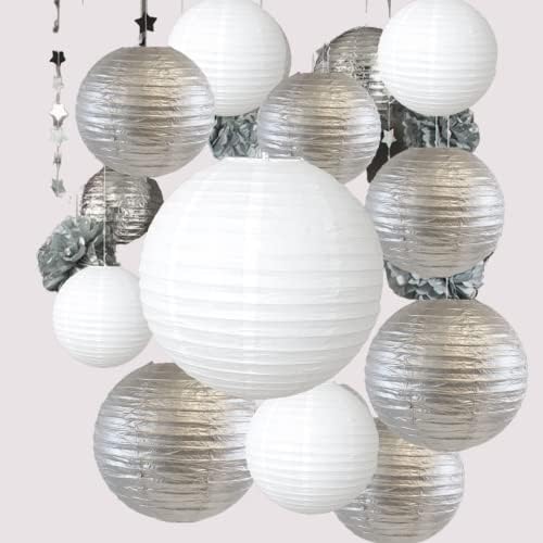 UNIQOOO 18kom metalik srebrni Božićni papirni fenjer Set, raznovrsni viseći srebrni japanski papirni fenjer vjenčani dekor, lako sklapanje za višekratnu upotrebu, za novogodišnji rođendan Baby Shower Party Favor Supplies